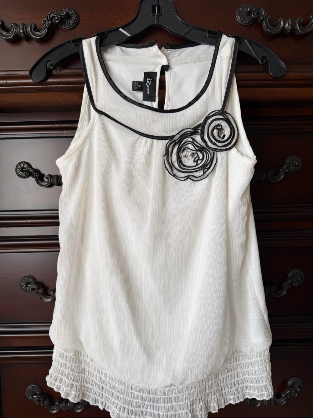 Iz Byer White Sleeveless Camisole with Black Trim and Floral Appliqué